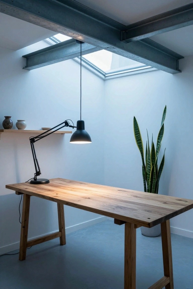 Minimalist wooden desk with black lamps and tall snake plant.