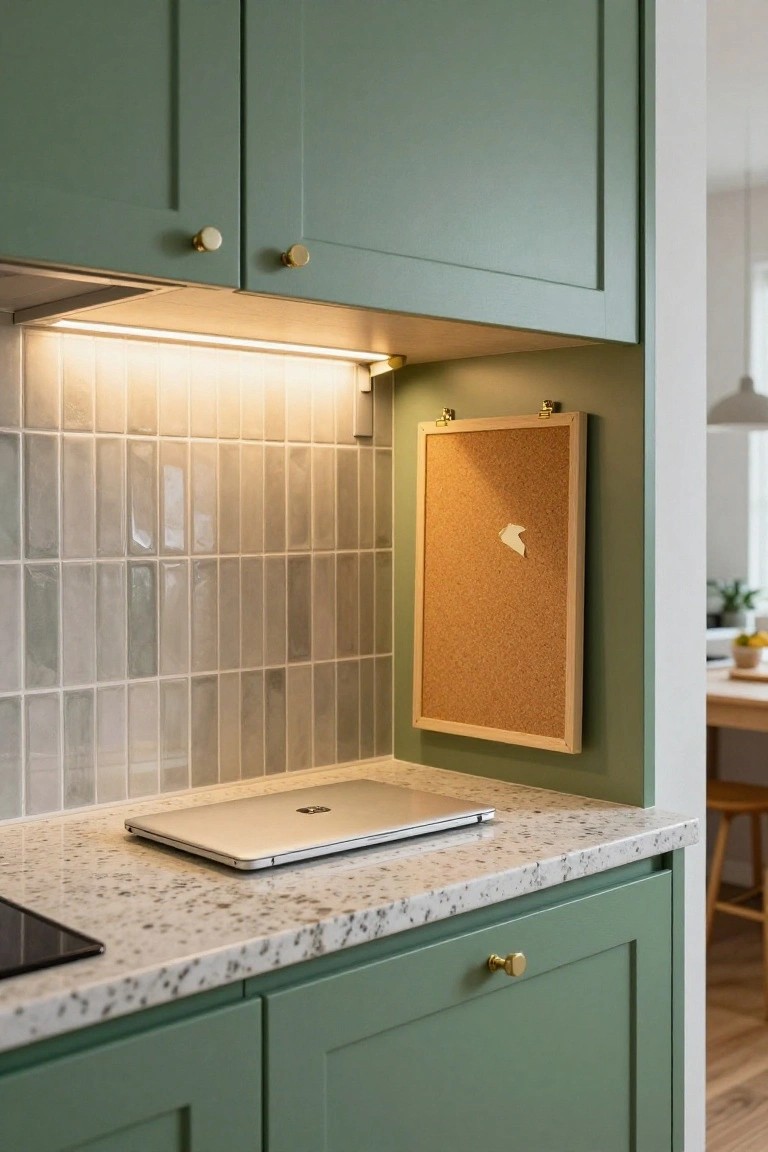 Kitchen with sage green cabinets, gray subway tile backsplash lit by under-cabinet LED strip lights, wooden-framed corkboard on wall, MacBook laptop on speckled white quartz countertop, and induction cooktop nearby.