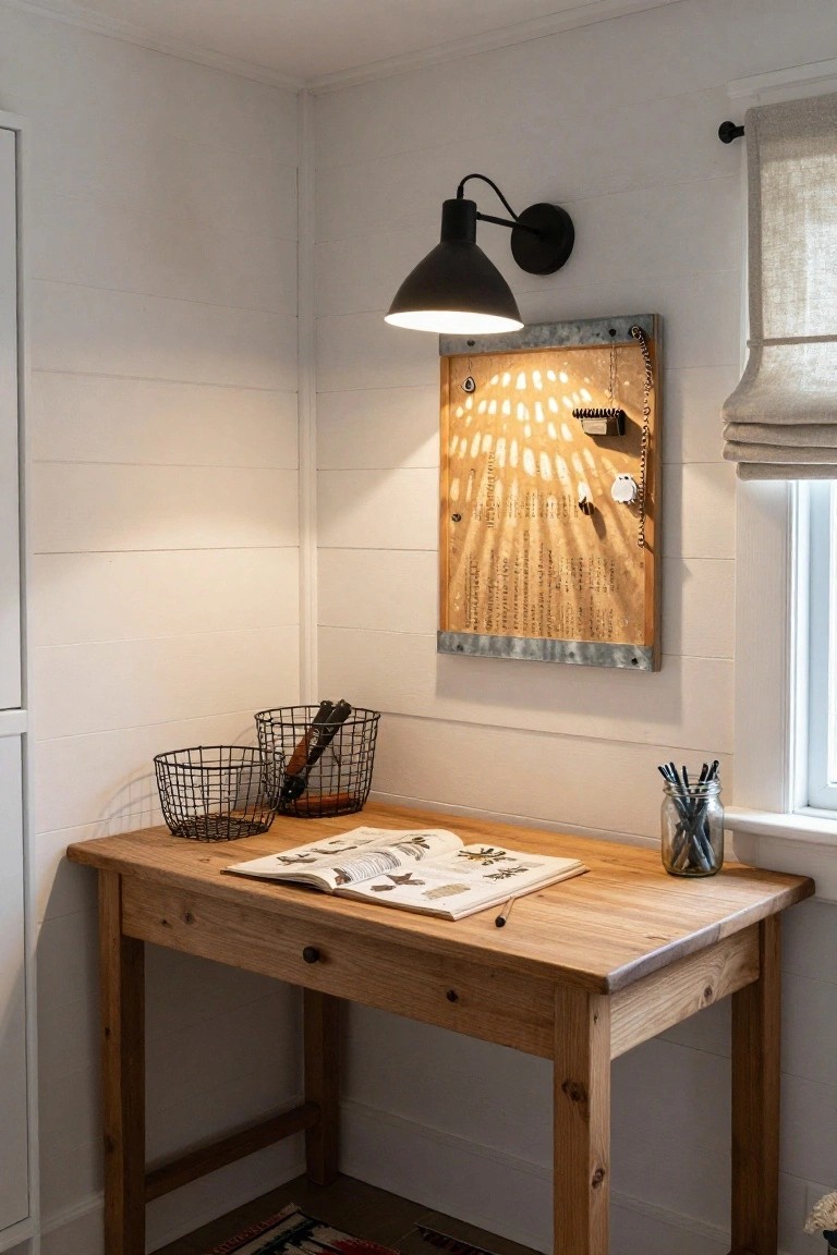 Cozy indoor office corner featuring a wooden desk with an open illustrated book, wire baskets holding tools, a jar of pens, and a black gooseneck wall sconce mounted on shiplap walls beside a window with linen shade.