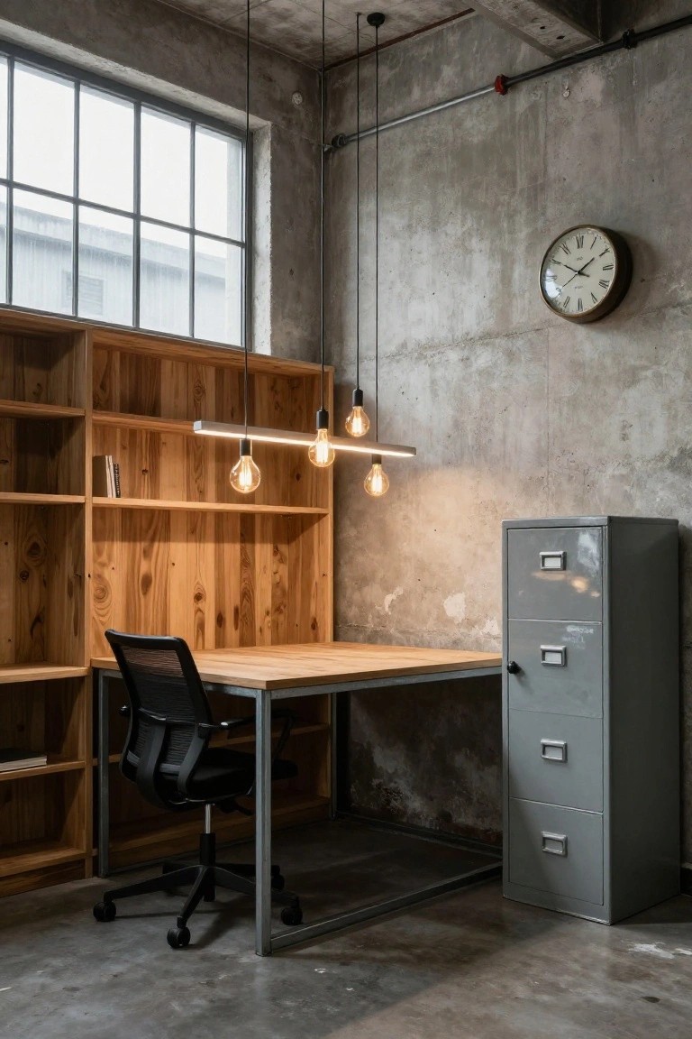 Industrial home office corner with concrete walls, wooden bookshelves, light wood desk, black mesh office chair, gray metal filing cabinet, large window, wall clock, and three hanging pendant lights with exposed bulbs.
