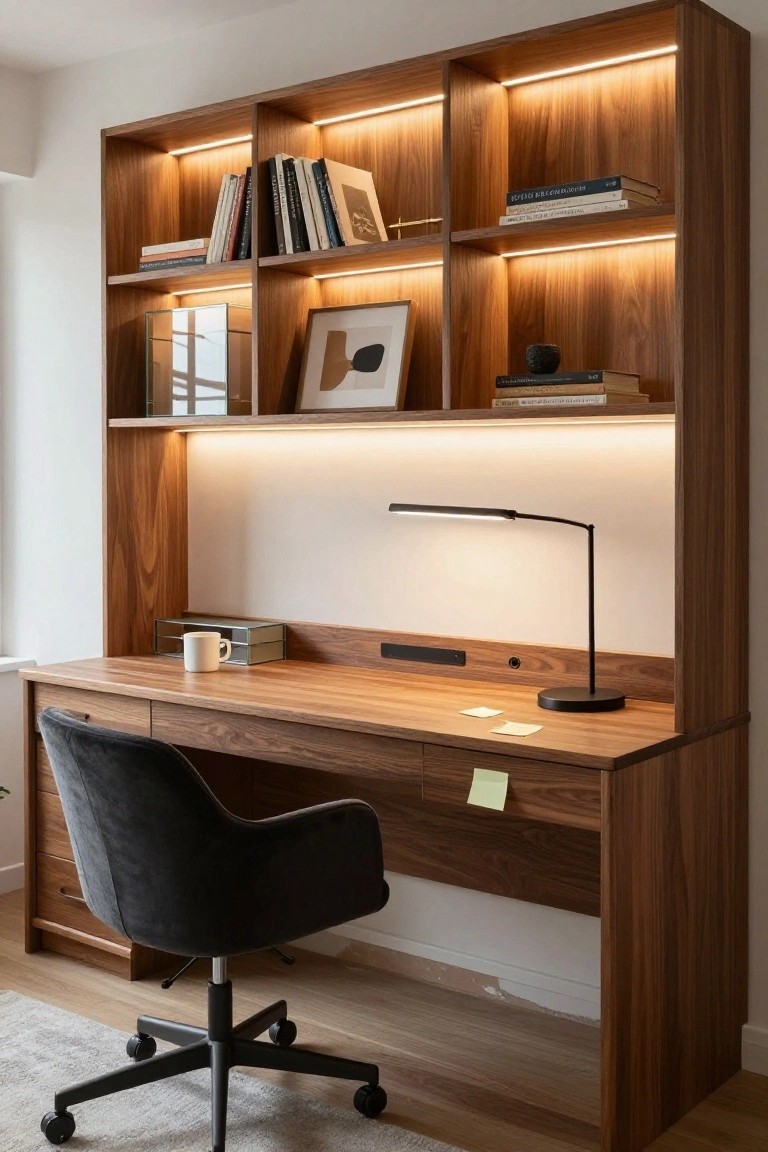 Wooden built-in shelving and desk unit with integrated LED strip lighting along shelf edges, holding books and decor, with a desk lamp, mug, and swivel chair below.