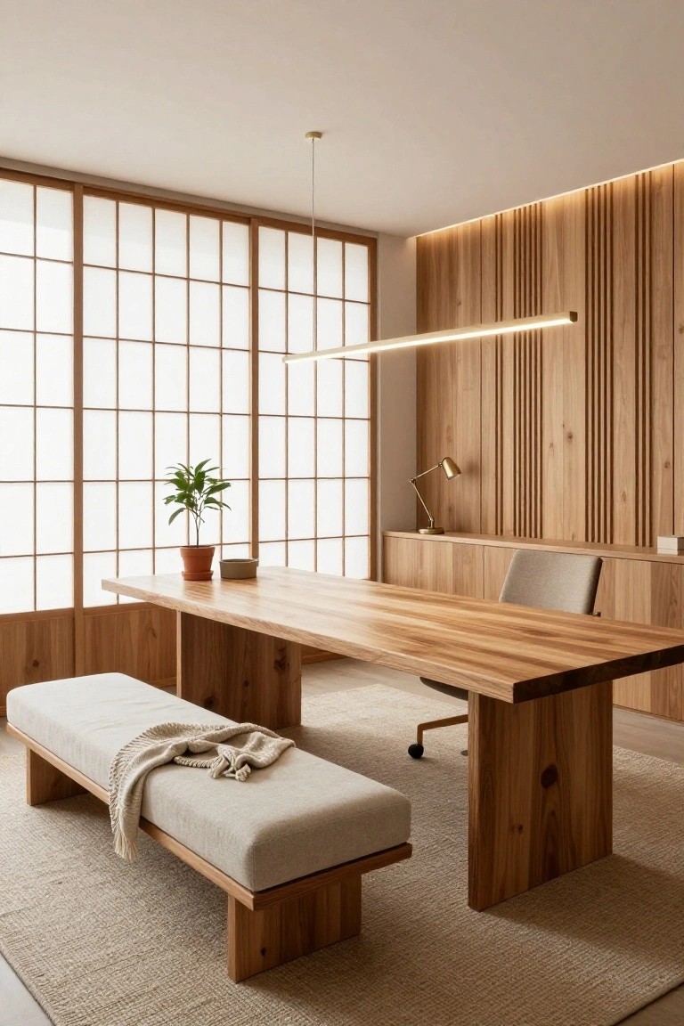 Minimalist wooden office with long table, bench, and shoji screen.