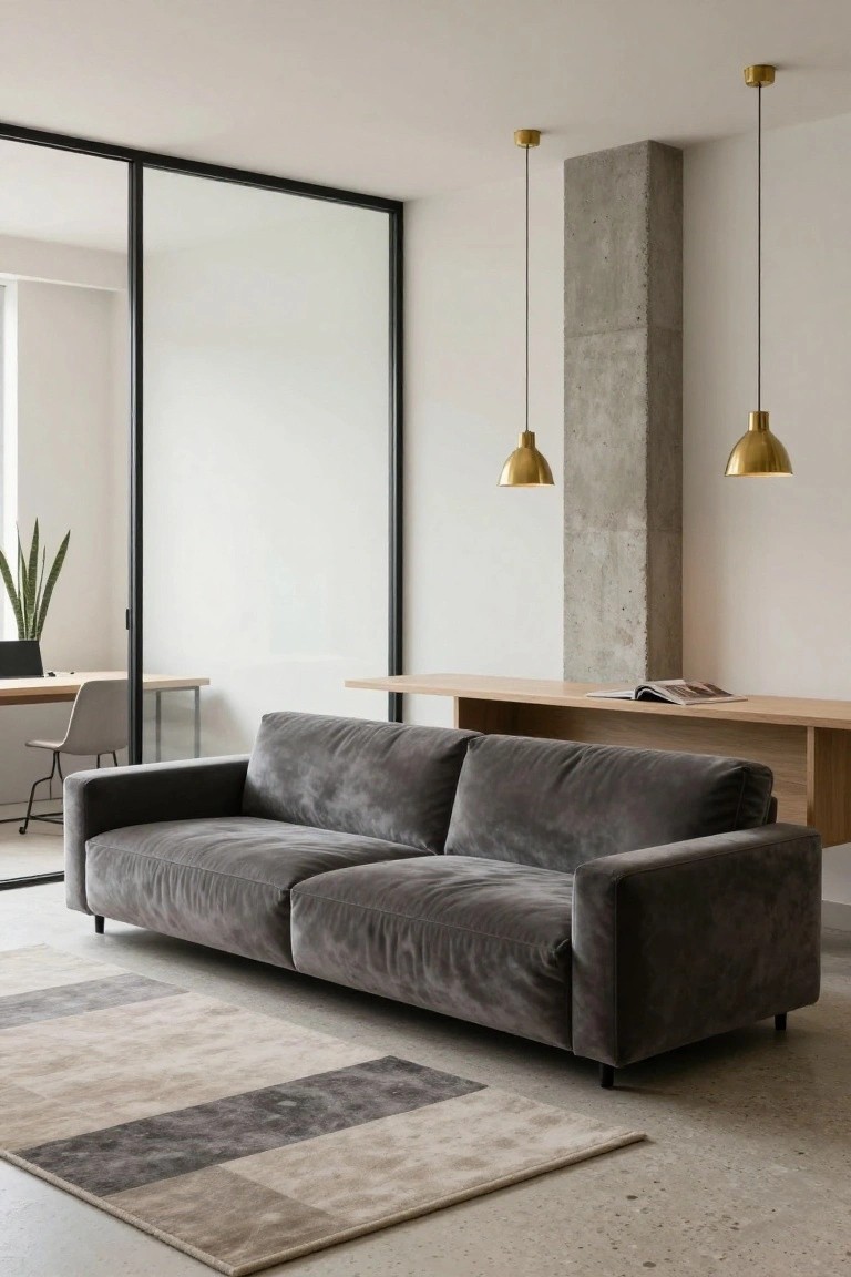 Open-plan interior with gray velvet L-shaped sofa positioned against a wooden console table, gold pendant lights hanging from ceiling near concrete pillar, sliding glass doors, small desk area, and neutral rug on concrete floor.