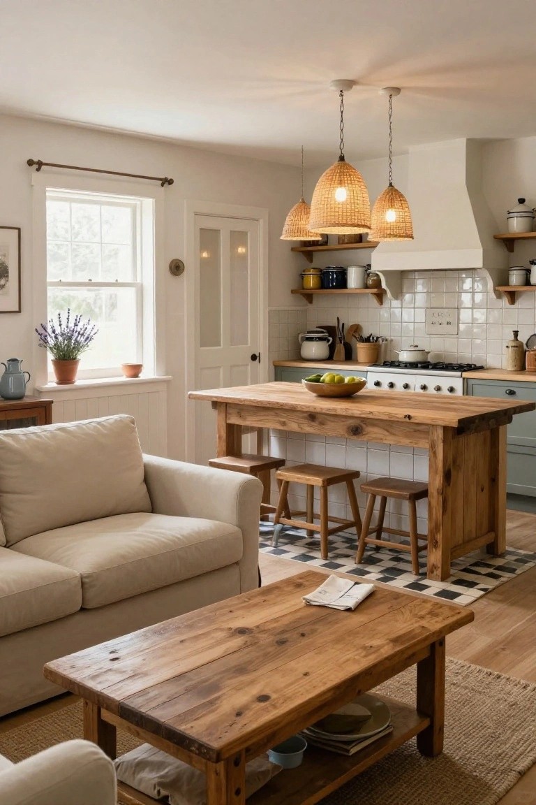 Open-plan interior with beige linen sofa facing wooden coffee table, adjacent to rustic wooden kitchen island with stools, rattan pendant lights over cooktop, white subway tile backsplash, and shelves with pottery.