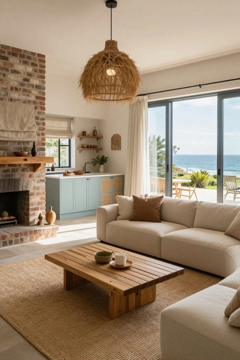 Open-plan living room featuring a large cream L-shaped sofa, low wooden coffee table on seagrass rug, exposed brick fireplace, teal rattan-fronted kitchen cabinets, rattan pendant light, and sliding glass doors to ocean view.