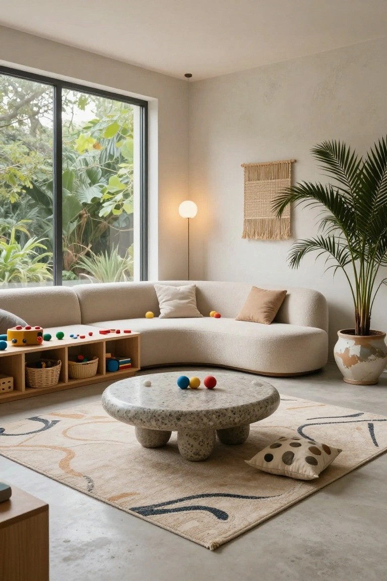 Light beige curved bouclé sofa with attached wooden toy shelf holding colorful blocks and balls in a minimalist open-plan living room, stone pedestal coffee table on a neutral rug, potted palm plant, woven wall hanging, floor lamp, and large window to lush greenery.