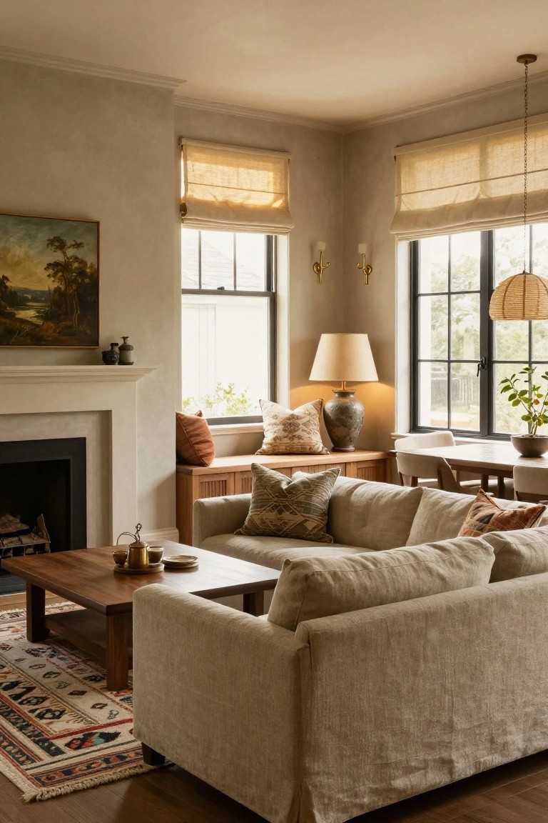 Beige slipcovered sofa on a patterned area rug in a light corner living room with fireplace, wood coffee table, throw pillows, potted plants, large windows with roman shades, and adjacent dining table.