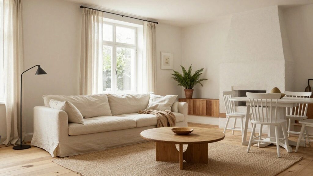Open-plan living and dining room featuring a white fabric sofa on a seagrass rug with round wooden coffee table, white dining table and chairs, potted plants, wooden sideboard, and large windows with sheer curtains on light wood floors.
