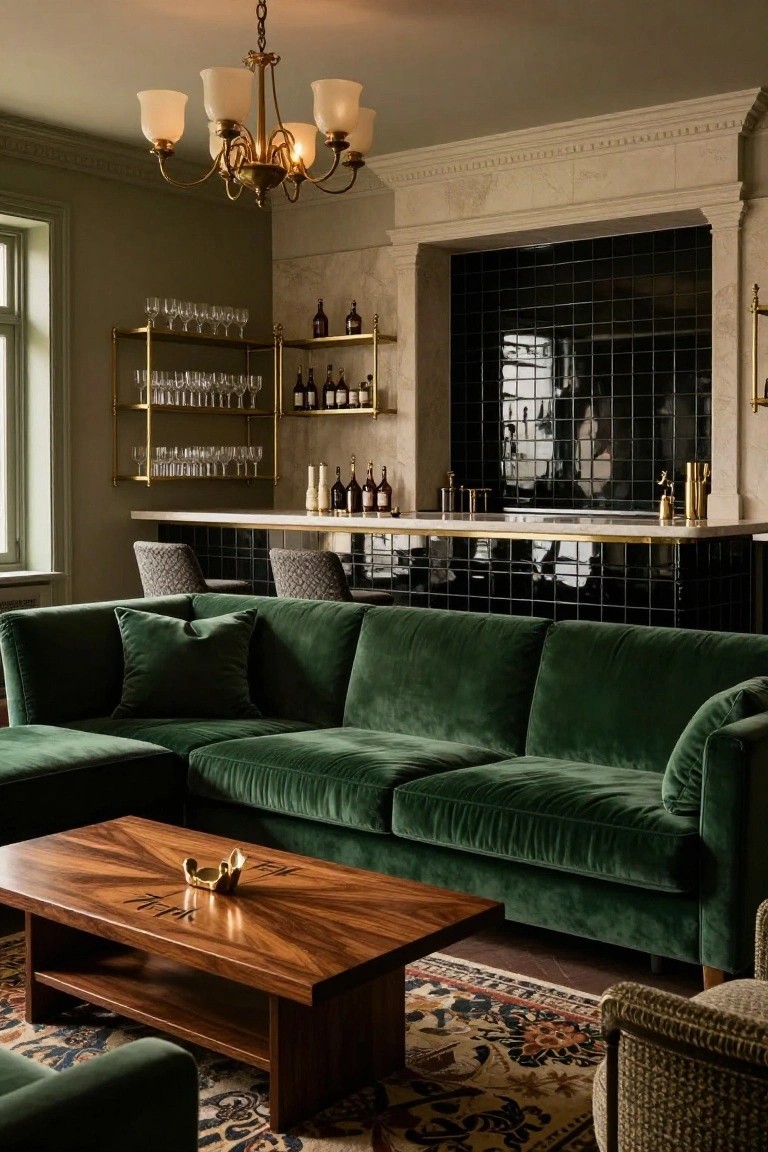 Open-plan interior with emerald green L-shaped velvet sofa facing a black-tiled bar counter with brass shelving holding glassware and bottles, wooden coffee table, and brass chandelier overhead.