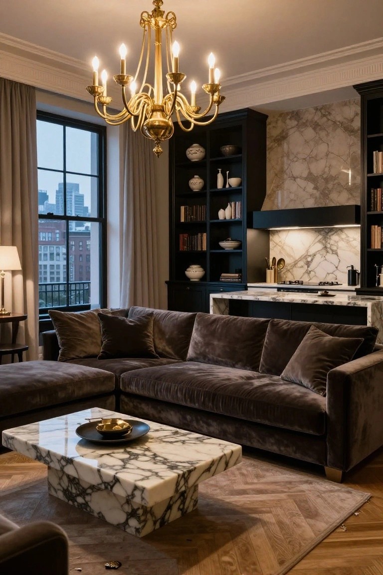Open-plan living room and kitchen with brown velvet L-shaped sofa, white marble coffee table, gold chandelier, dark cabinets, marble counters and backsplash, bookshelves, and large windows with city view.