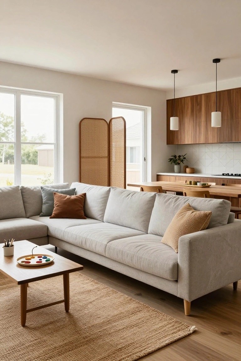 Open-plan interior with light gray L-shaped sofa, wooden coffee table with paint palette, jute rug, beige bamboo screen divider, large windows overlooking greenery, and adjacent kitchen with wooden cabinets and pendant lights.