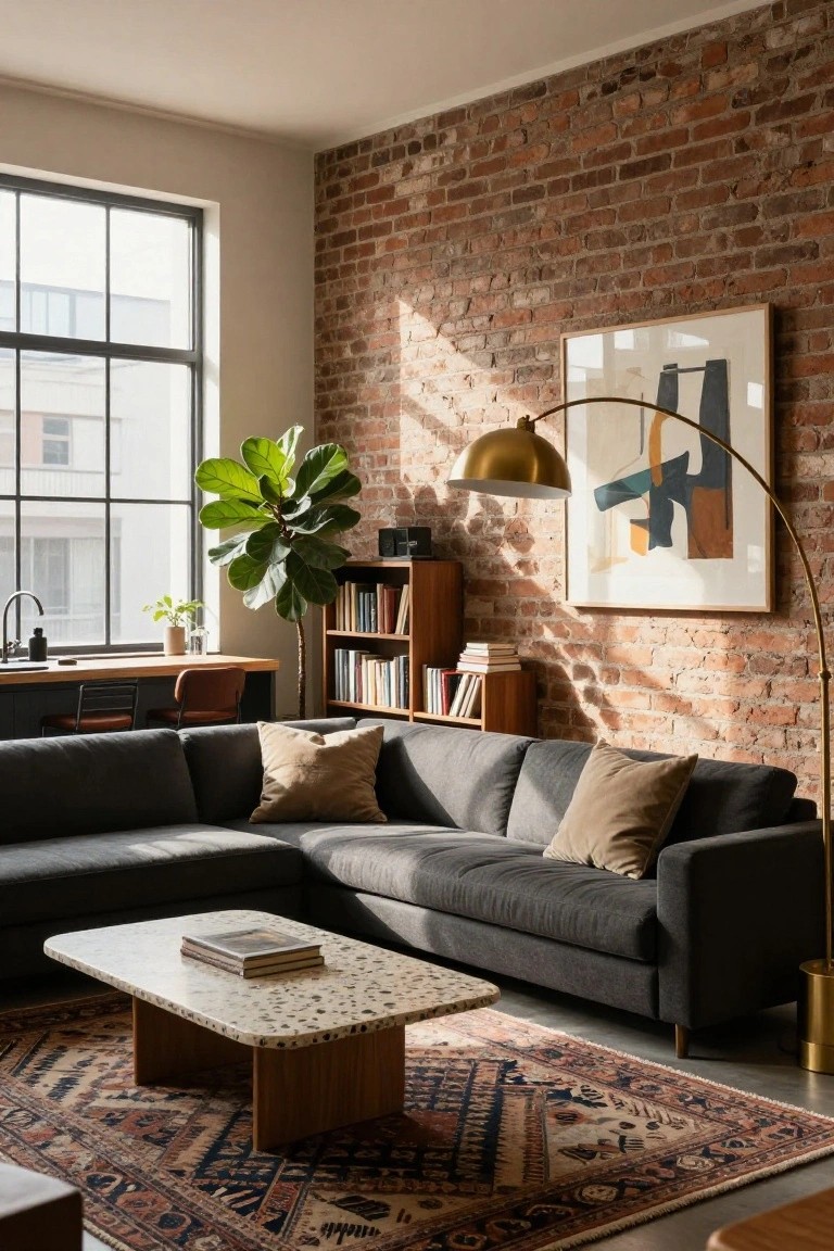 Open-plan living room with L-shaped dark gray sofa on terracotta rug, terrazzo coffee table, exposed brick wall, large windows, fiddle leaf fig plant, wooden bookshelf, and arc lamp.
