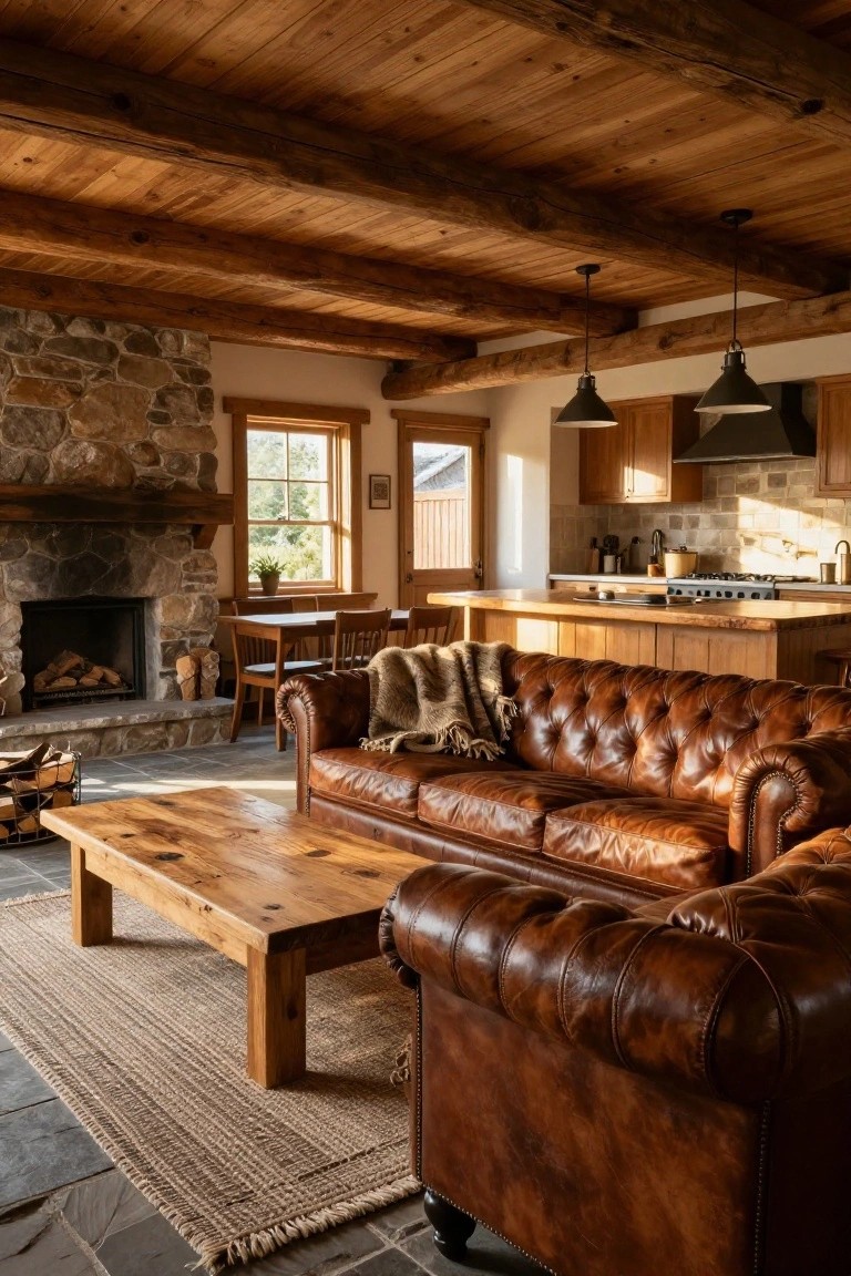 Rustic open-plan interior featuring wooden beamed ceiling, stone fireplace with fire burning, large brown tufted leather sofa, wooden coffee table, and adjacent kitchen with island.