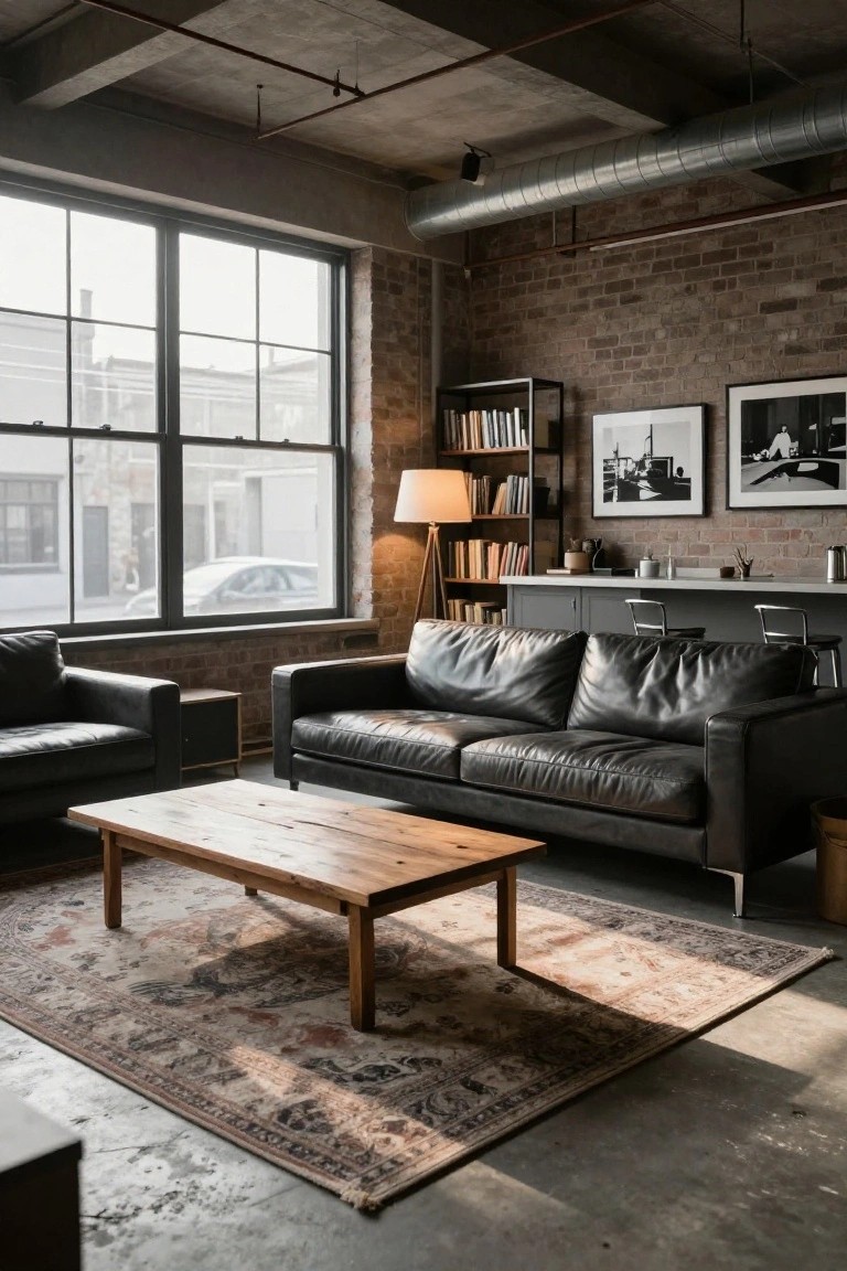 Industrial open-plan living room with black leather sofas and armchair around a wooden coffee table on a patterned rug, exposed brick walls, metal bookshelves, bar counter, and large windows.