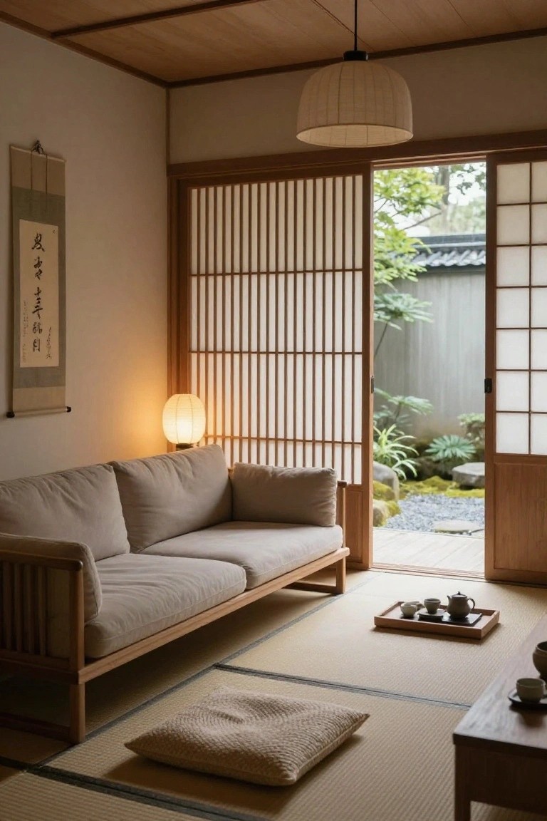 Japanese-style interior room with beige low-profile sofa on tatami mats, open shoji sliding doors to garden with rocks and plants, wooden tray with teapot and cups on floor, paper lantern lamp lit nearby.