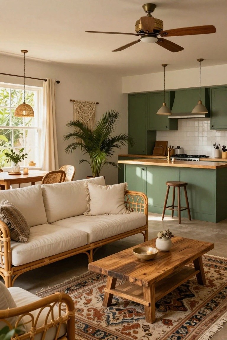 Open-plan room with cream rattan sofa on rattan frame, wooden coffee table on Persian rug, sage green kitchen cabinets and island with wood stools, potted plants, macrame wall hanging, and natural light from windows.