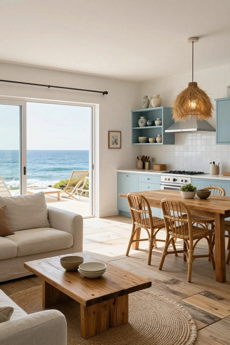 Open-plan kitchen-living area with blue cabinets, wooden dining table and rattan chairs, low beige sofa on tiled floor facing sliding glass doors to ocean view, seagrass pendant light overhead.