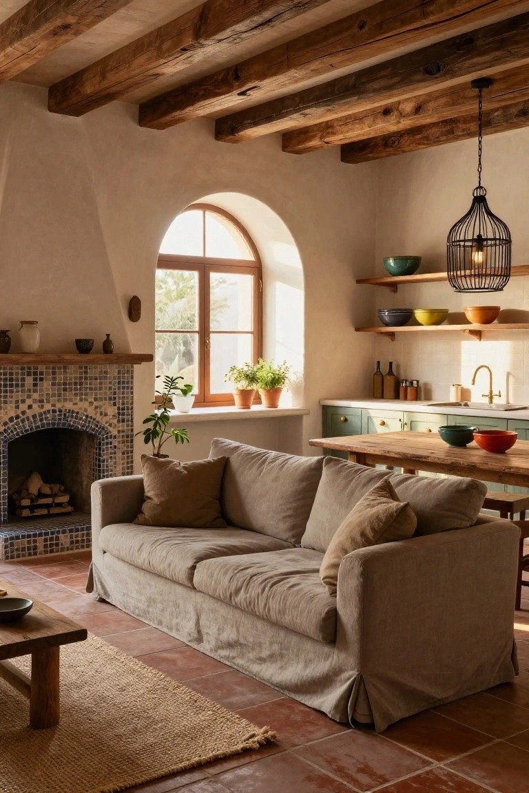 Open-plan interior with beige slipcovered sofa near tiled fireplace, wooden dining table, green kitchen cabinets, exposed wooden beams, arched window, and terracotta tile floor.