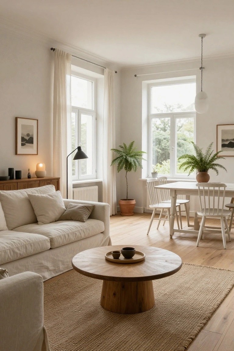 Open-plan living and dining room featuring a white fabric sofa on a seagrass rug with round wooden coffee table, white dining table and chairs, potted plants, wooden sideboard, and large windows with sheer curtains on light wood floors.