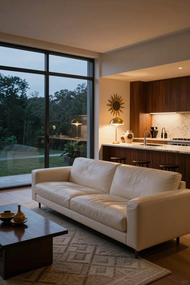 Modern living room with white leather sofa, dark wood coffee table, and marble kitchen island.