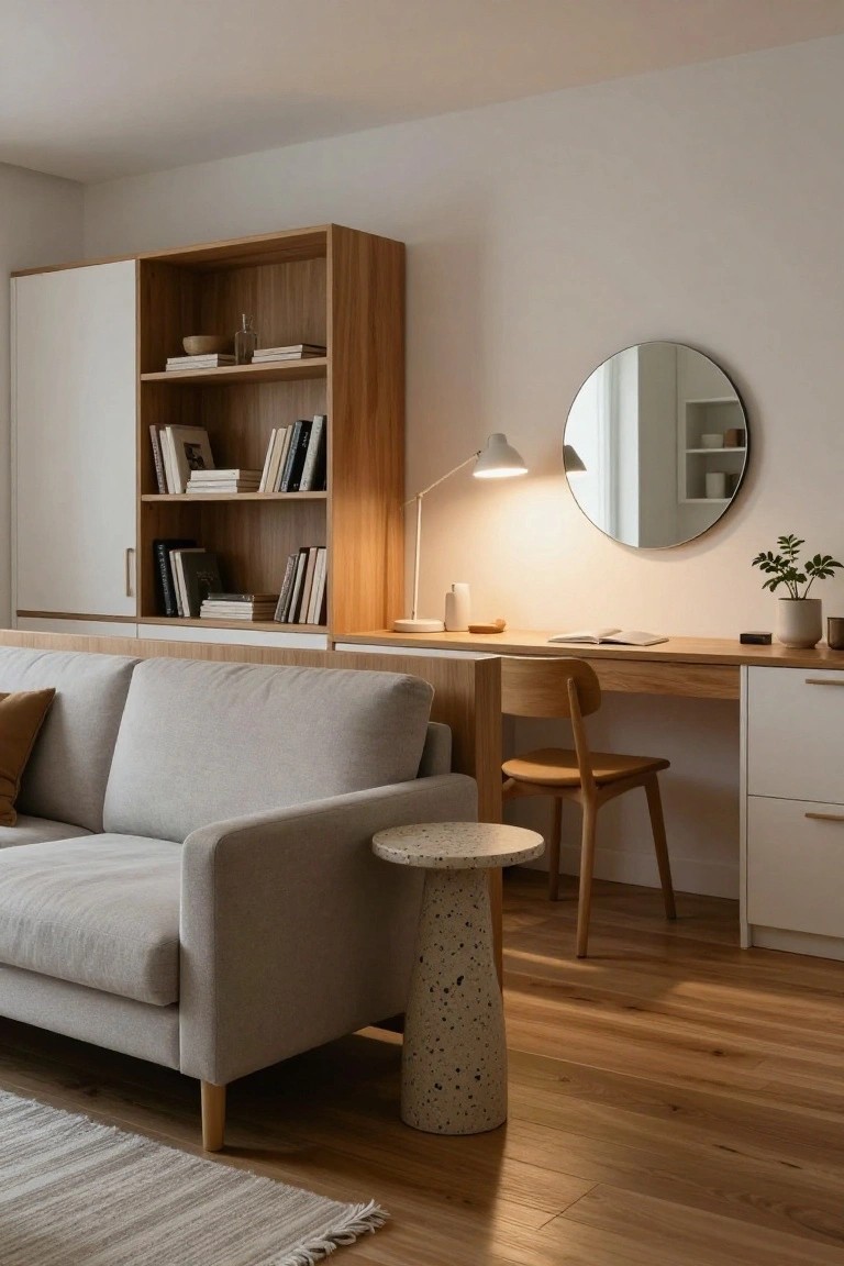 Open-plan interior with light gray sofa positioned next to wooden desk and bookshelves, round mirror on white wall, desk lamp on, speckled side table beside sofa, light wood floors.