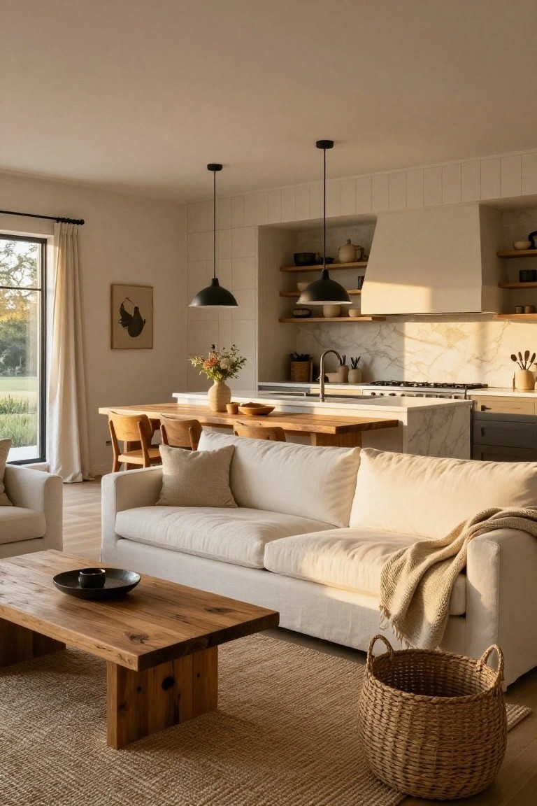 Open-plan interior featuring a light cream sofa with wooden coffee table in front, adjacent to wooden dining table and white kitchen island, with large window and warm wood elements.