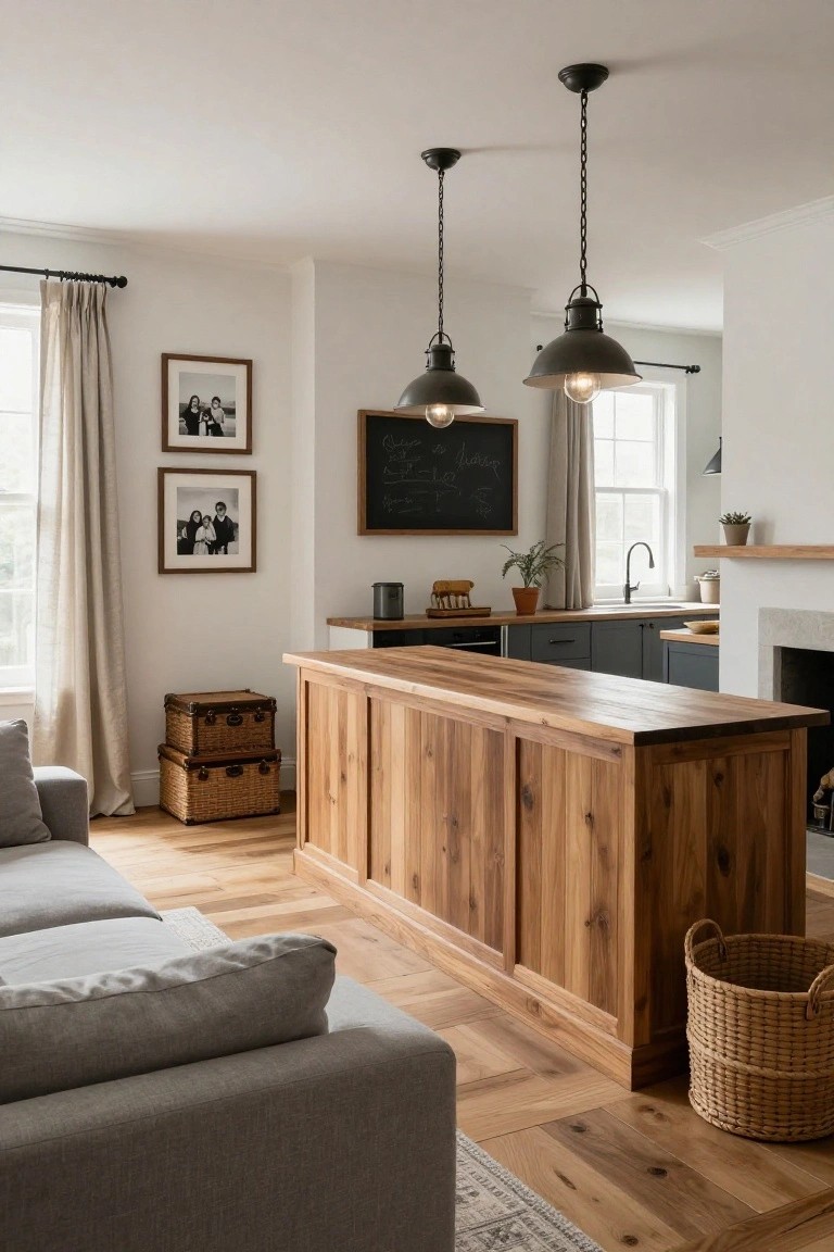 Open-plan interior with large wooden kitchen island peninsula dividing the space, gray sofa on hardwood floors, two black pendant lights overhead, white walls, and windows with beige curtains.