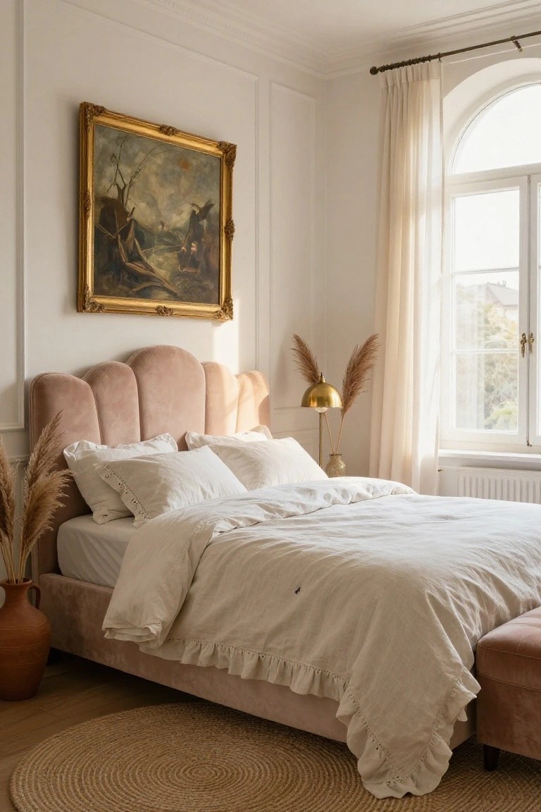 Bedroom interior with pink velvet scalloped headboard on a bed dressed in white linens, gold lamp beside pampas grass, antique gold-framed painting on wall, and arched window with sheer curtains.