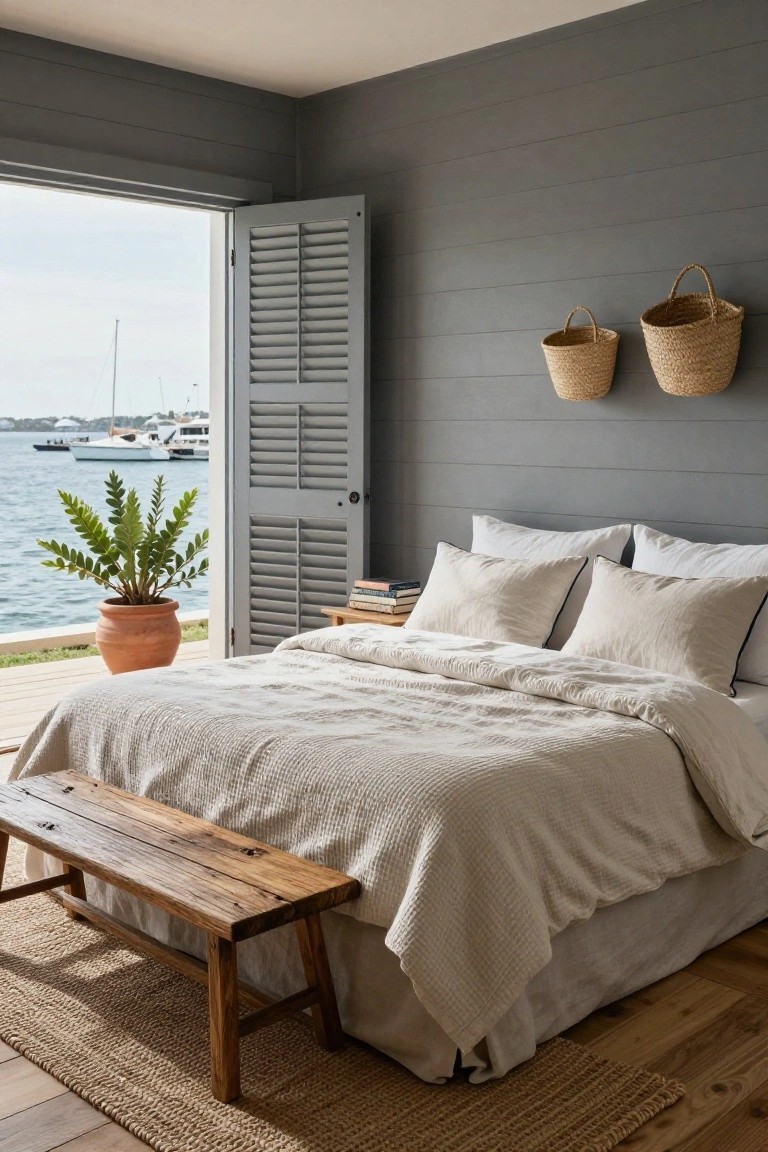 Bedroom with low bed draped in white textured linens and pillows, rustic wooden bench at foot, open gray shutters to marina view, potted fern plant on deck outside.
