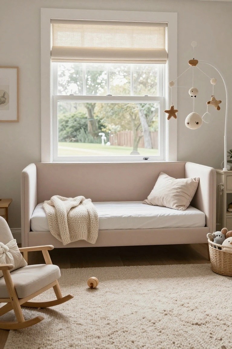 A light beige padded daybed frame with white fitted sheet, knit throw blanket, and pillow in a neutral-toned nursery room that includes a wooden rocking chair, hanging mobile, toys, and a window overlooking greenery.