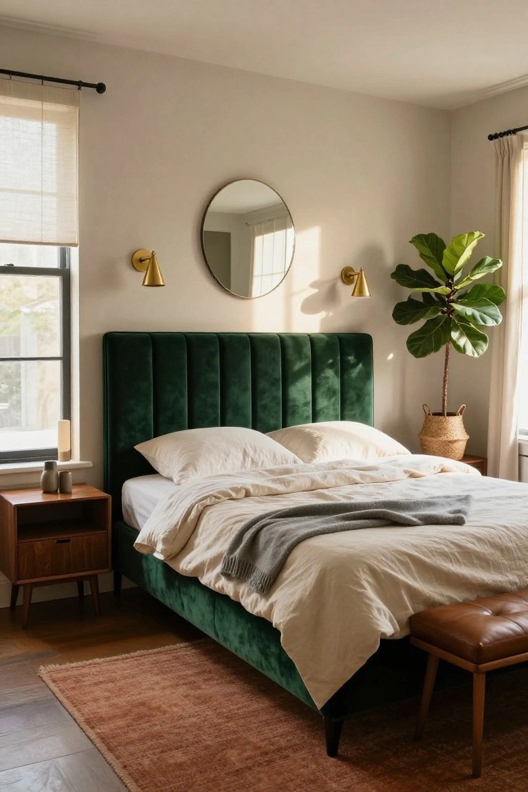 Serene bedroom with green velvet bed, white linens, round mirror, and potted plant.