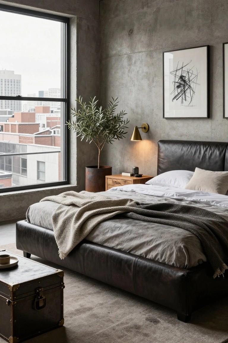 Modern loft bedroom with black leather platform bed, gray throw blankets and white sheets, concrete walls, large windows overlooking city buildings, potted olive tree, wood nightstand with lamp, and metal trunk on the floor.