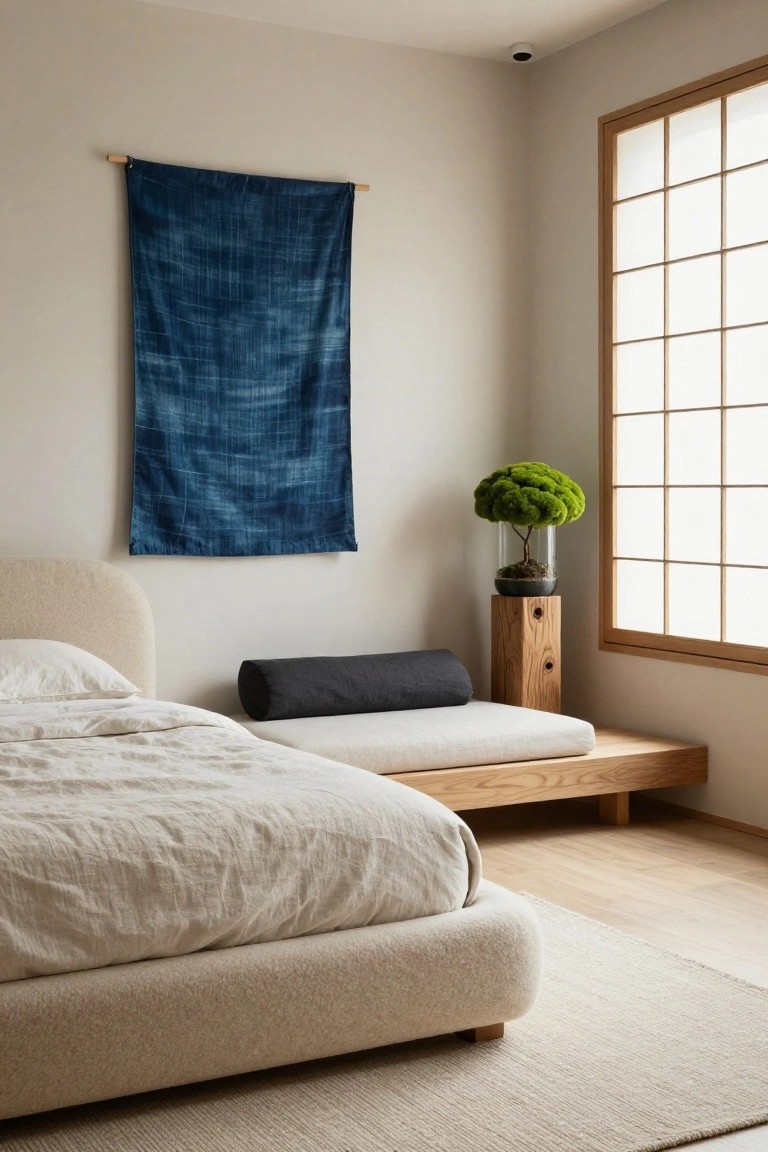 Bedroom corner with low-profile cream upholstered bed frame, wooden bench with black bolster pillow, indigo shibori textile hanging on wall, moss ball plant in glass dome on wooden pedestal next to shoji window.