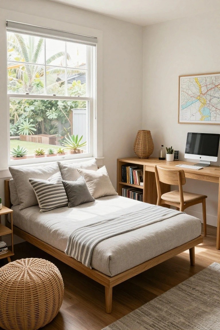 Bedroom with low wooden platform bed covered in white and gray linens and pillows, wooden desk and chair with iMac computer, bookshelves, potted plants, rattan lamp and pouf, and large window showing garden view.