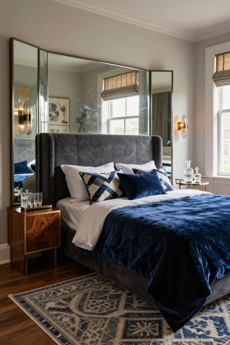 Gray velvet king bed with tall padded winged headboard flanked by three tall mirrors, navy blue bedding, brass nightstand with glasses and decanter, bamboo shades on windows in a light gray bedroom.