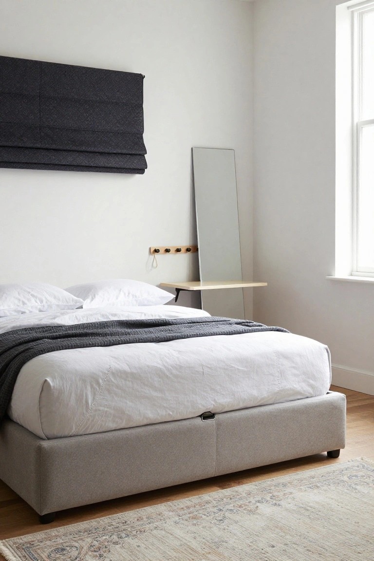 Bedroom with low-profile gray upholstered platform bed topped with white sheets and gray knit throw, freestanding full-length mirror on wood shelf, and black fabric roman shade on window.