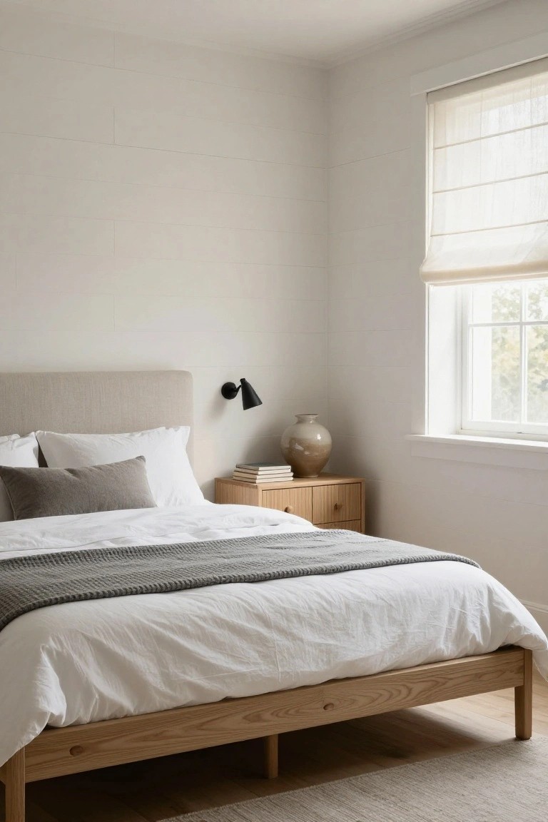 Bedroom with beige padded headboard on oak wood bed frame, white sheets and pillows, gray knit throw, wooden nightstand holding books and beige vase, black wall sconce, and window with sheer shades.