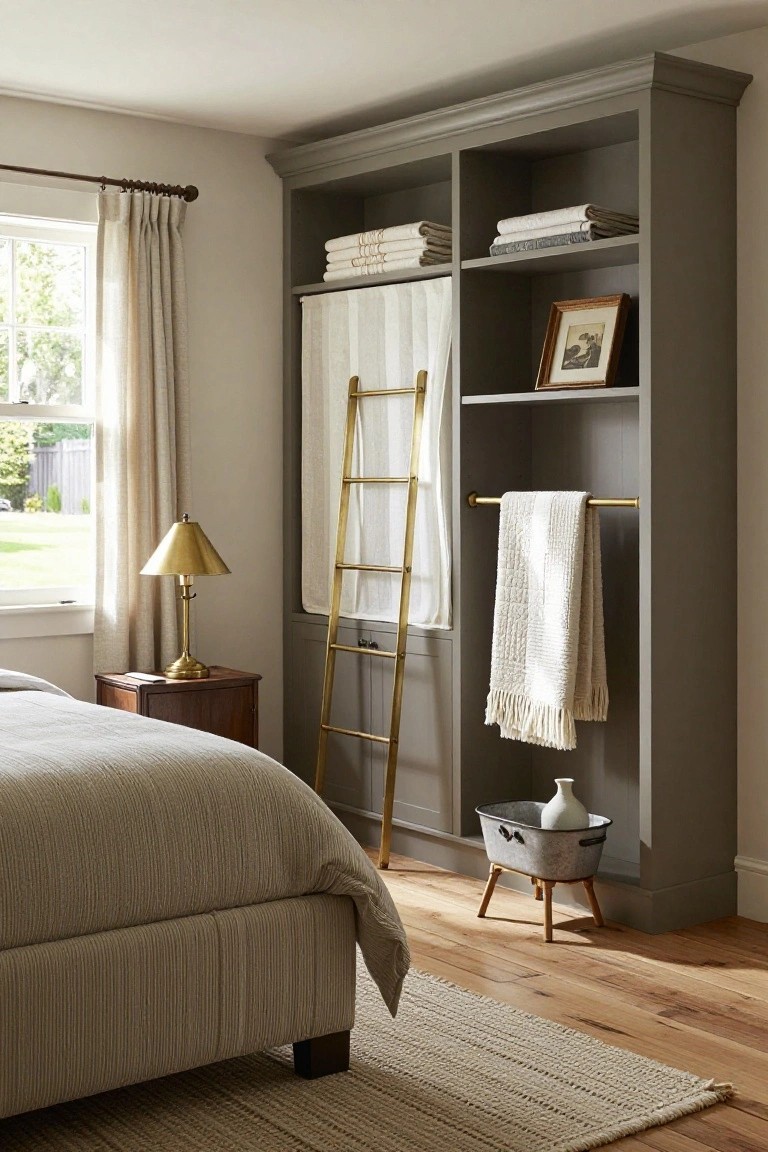 Bedroom interior with low-profile beige textured upholstered bed on wooden legs, wooden nightstand holding brass lamp, tall gray built-in shelving unit with gold ladder and towels, near window with cream curtains.