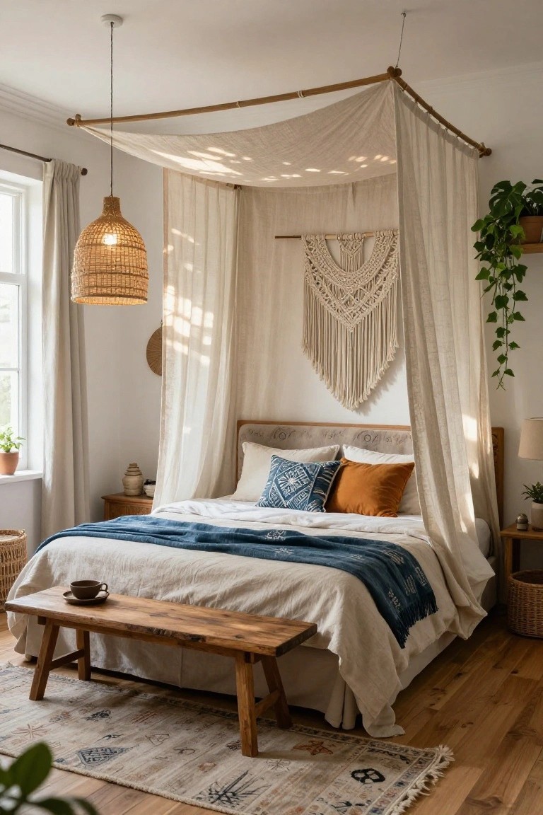 Bedroom with a queen bed featuring a light wood padded headboard under a white sheer canopy on bamboo poles, blue and orange pillows, macrame wall hanging, rattan pendant light, plants, wooden bench, and woven rug on hardwood floor.