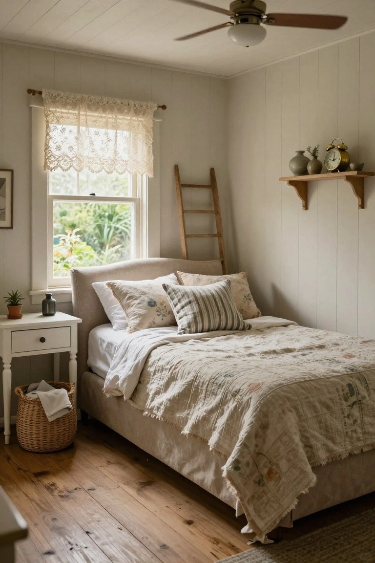 Cozy bedroom with beige upholstered padded bed frame topped with pillows and quilt, white nightstand, wicker basket with towel, wooden ladder against white paneled walls, and window with lace curtains.