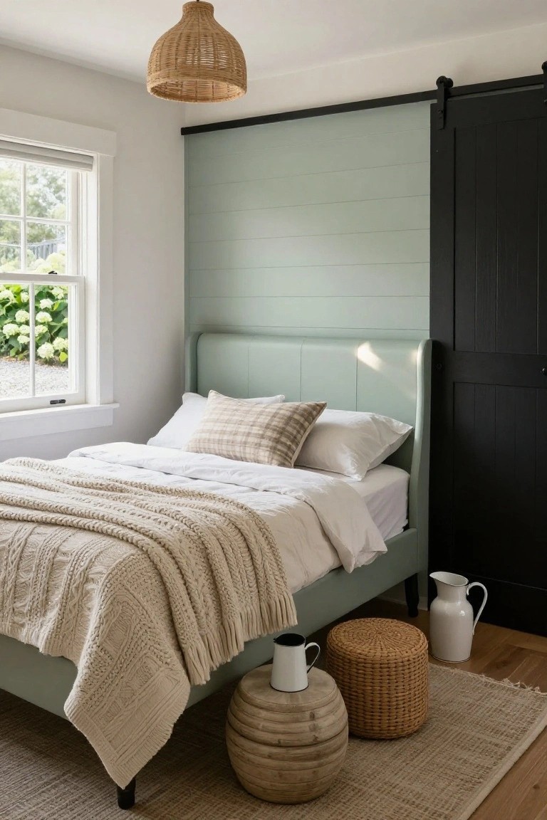 Bedroom with pale green tufted upholstered bed frame, white sheets and pillows, cream knit throw draped over bed, two woven stools with white pitchers beside bed, green shiplap accent wall with black sliding barn door, window with hydrangeas outside, rattan pendant light above, jute rug on wood floor.