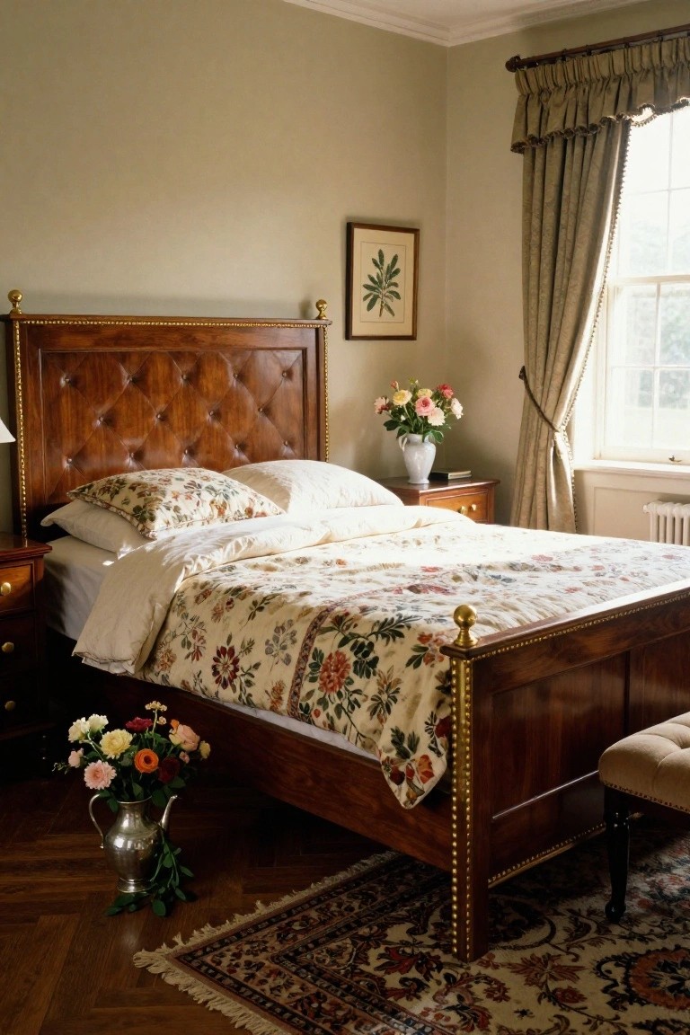 Bedroom with wooden bed frame featuring tufted brown leather headboard and brass finials, floral-patterned bedding, two vases of flowers, nightstands, lamp, framed botanical print, beige walls, and beige drapes over windows.