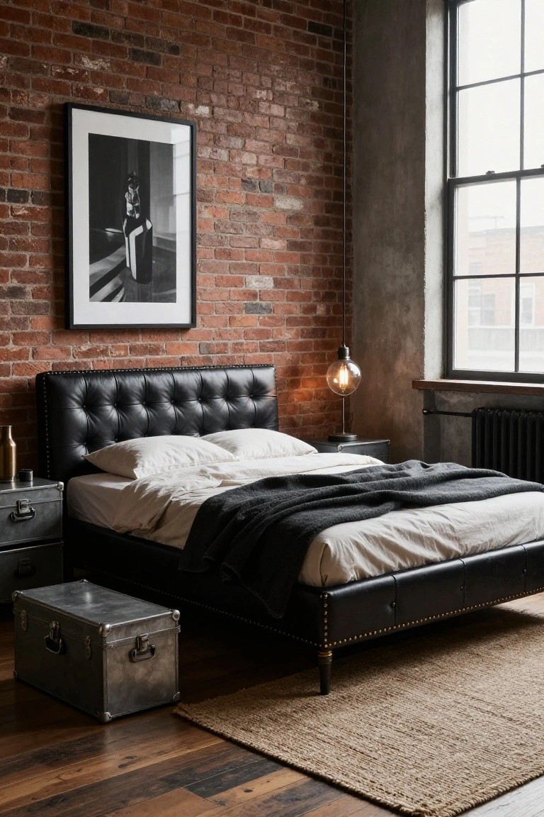 A bedroom with a black tufted leather bed frame, white sheets, exposed brick walls, metal nightstands and trunk, pendant lamp, and large window.
