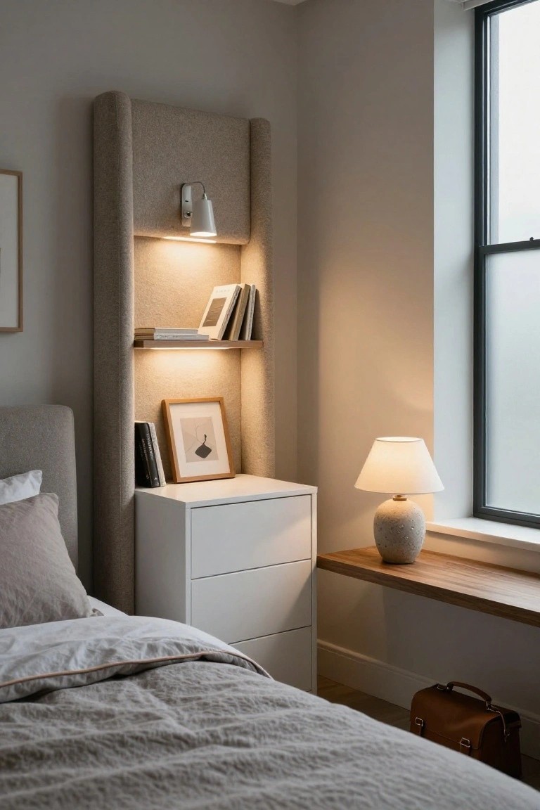 Bedroom corner with tall beige upholstered headboard featuring integrated shelves with books and lighting, white dresser nightstand, bed with gray linens, table lamp on wooden windowsill, and brown leather bag on floor.