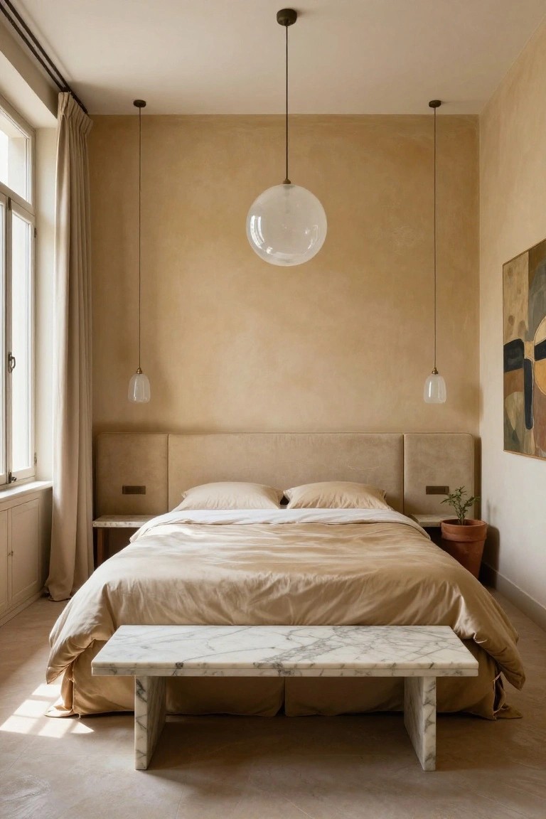 A bedroom with a beige upholstered bed featuring a tall padded headboard, two pillows, beige duvet, marble bench at the foot, glass pendant lights overhead, potted plant on nightstand, and abstract painting on wall beside large curtained window.