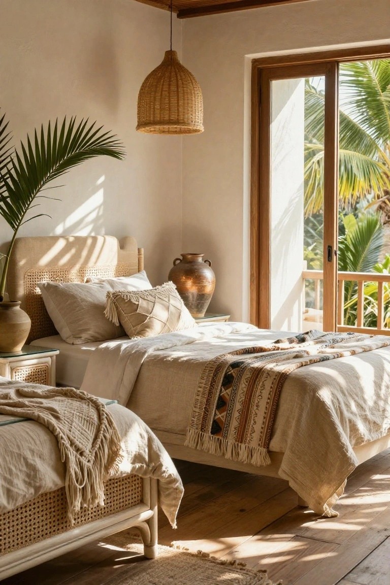 Bedroom with two rattan-framed beds covered in white linens and woven throws, plants in terracotta pots, and sliding wooden doors overlooking palm trees.