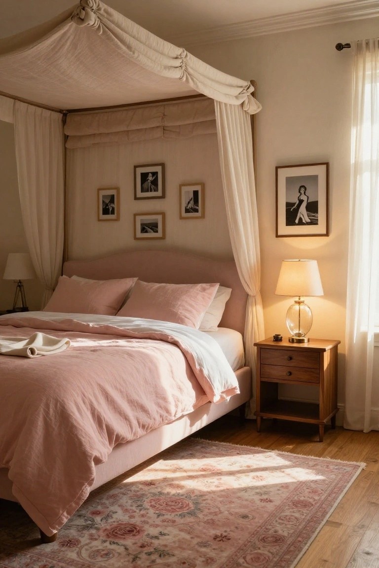 Sunlit bedroom with blush pink upholstered canopy bed draped in white fabric, pink linens, wooden nightstand with glass lamp, and framed black-and-white photos on walls above a pink rug on hardwood floor.