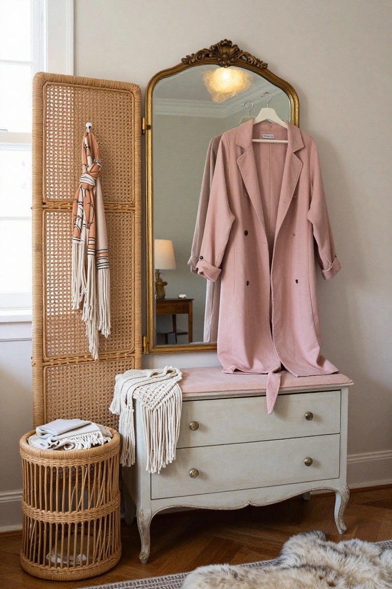 A blush pink coat hangs open on a white hanger in front of a gold-framed mirror flanked by a rattan room screen with a scarf draped over it, next to a white wood dresser bench with fringe throw and a woven basket holding linens on a wood floor with sheepskin rug.