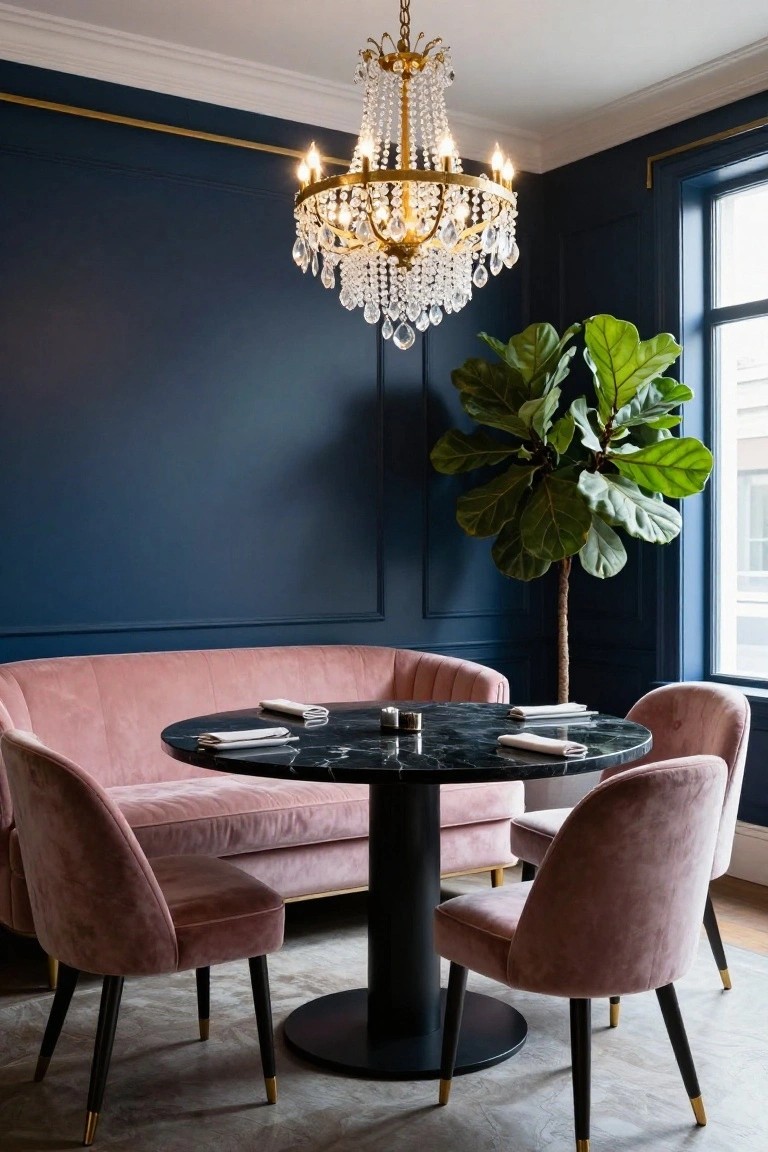 Navy blue walled room with curved blush pink velvet sofa, matching pink chairs around round black marble pedestal table set with napkins, gold crystal chandelier overhead, and tall potted fiddle leaf fig plant by window.