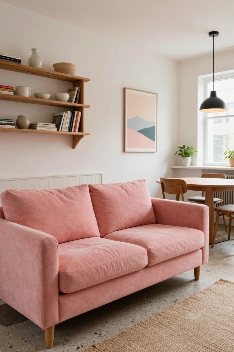 Blush pink velvet two-seater sofa in a bright living room with white walls, wooden floating shelves holding ceramics and books, a round wooden dining table with chairs, black pendant light, and neutral rug.